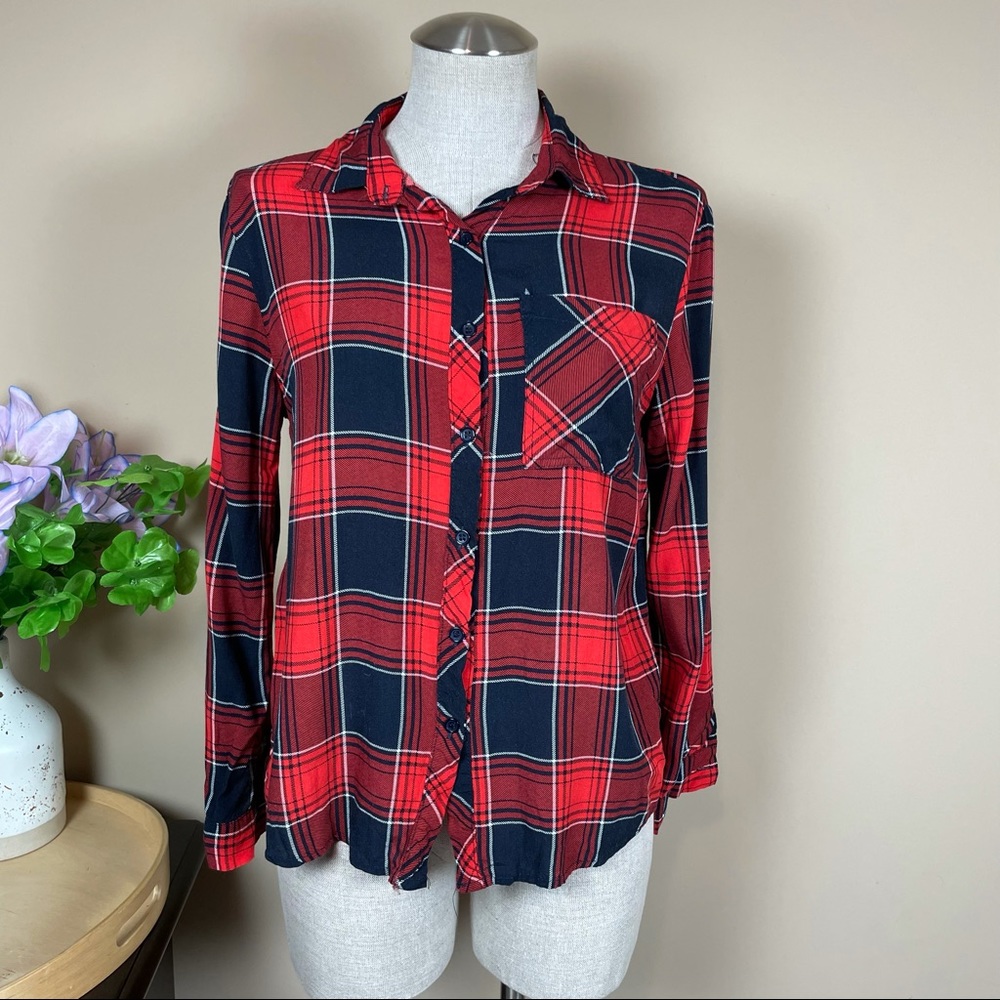 Love Notes red black checkered plaid flannel shirt Sz S